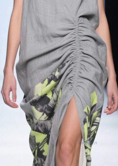 Handmade Grey Wrinkled Side Open Linen Mid Dress Summer