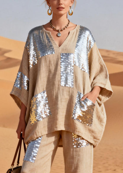 Handmade Khaki Asymmetrical Sequins Pockets Patchwork Linen Two Pieces Set