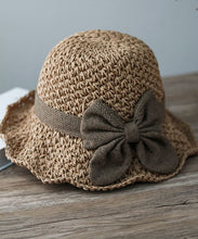 Load image into Gallery viewer, Handmade Khaki Bow Straw Woven Bucket Hat