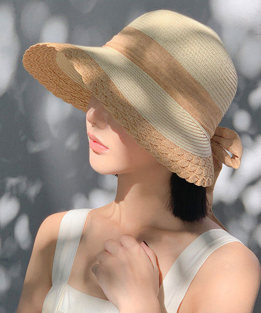 Handmade Khaki Bow Straw Woven Floppy Sun Hat