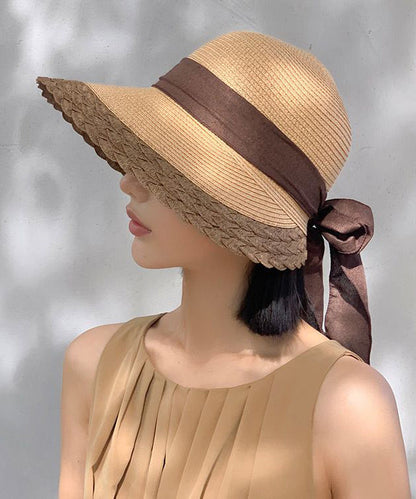Handmade Khaki Bow Straw Woven Floppy Sun Hat