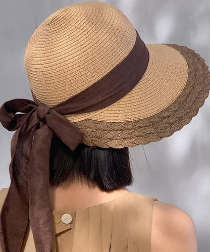 Handmade Khaki Bow Straw Woven Floppy Sun Hat