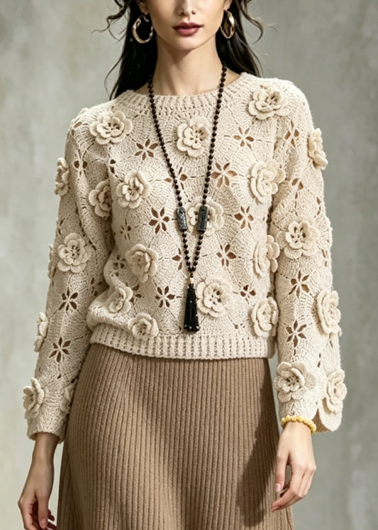 Handmade Khaki Floral Hollow Out Knit Sweater Fall