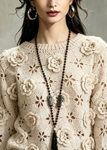 Handmade Khaki Floral Hollow Out Knit Sweater Fall