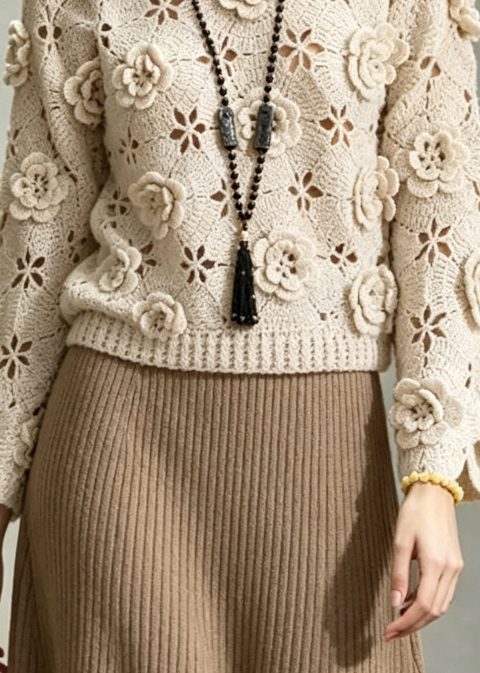 Handmade Khaki Floral Hollow Out Knit Sweater Fall