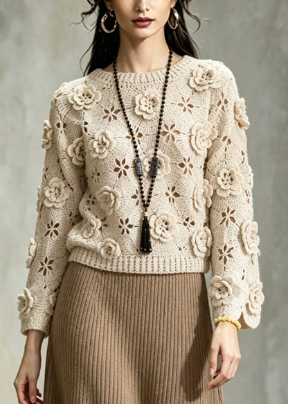 Handmade Khaki Floral Hollow Out Knit Sweater Fall