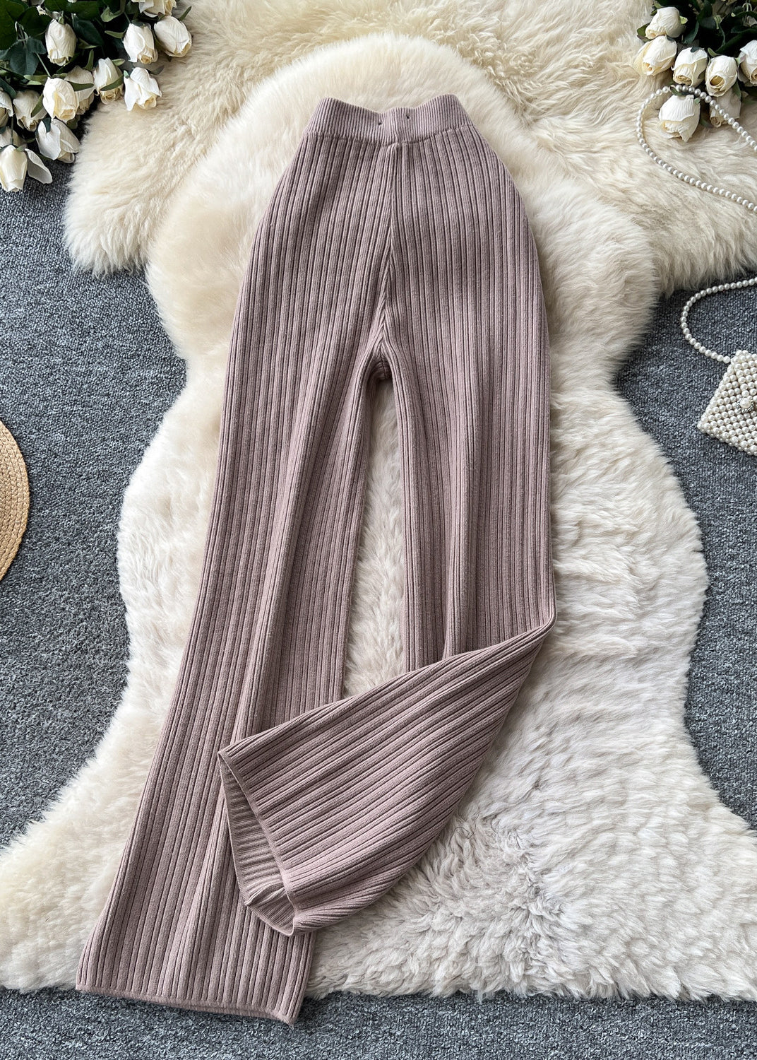 Handmade Khaki High Waist Knit Straight Pants Fall