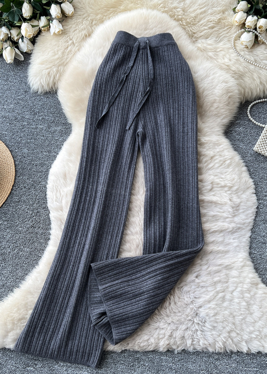 Handmade Khaki High Waist Knit Straight Pants Fall