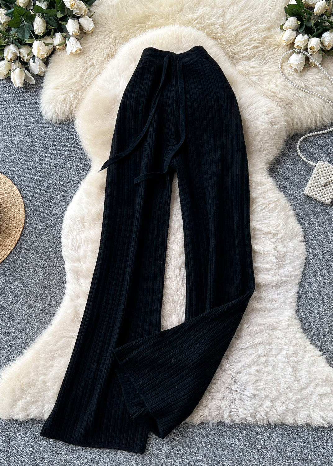 Handmade Khaki High Waist Knit Straight Pants Fall