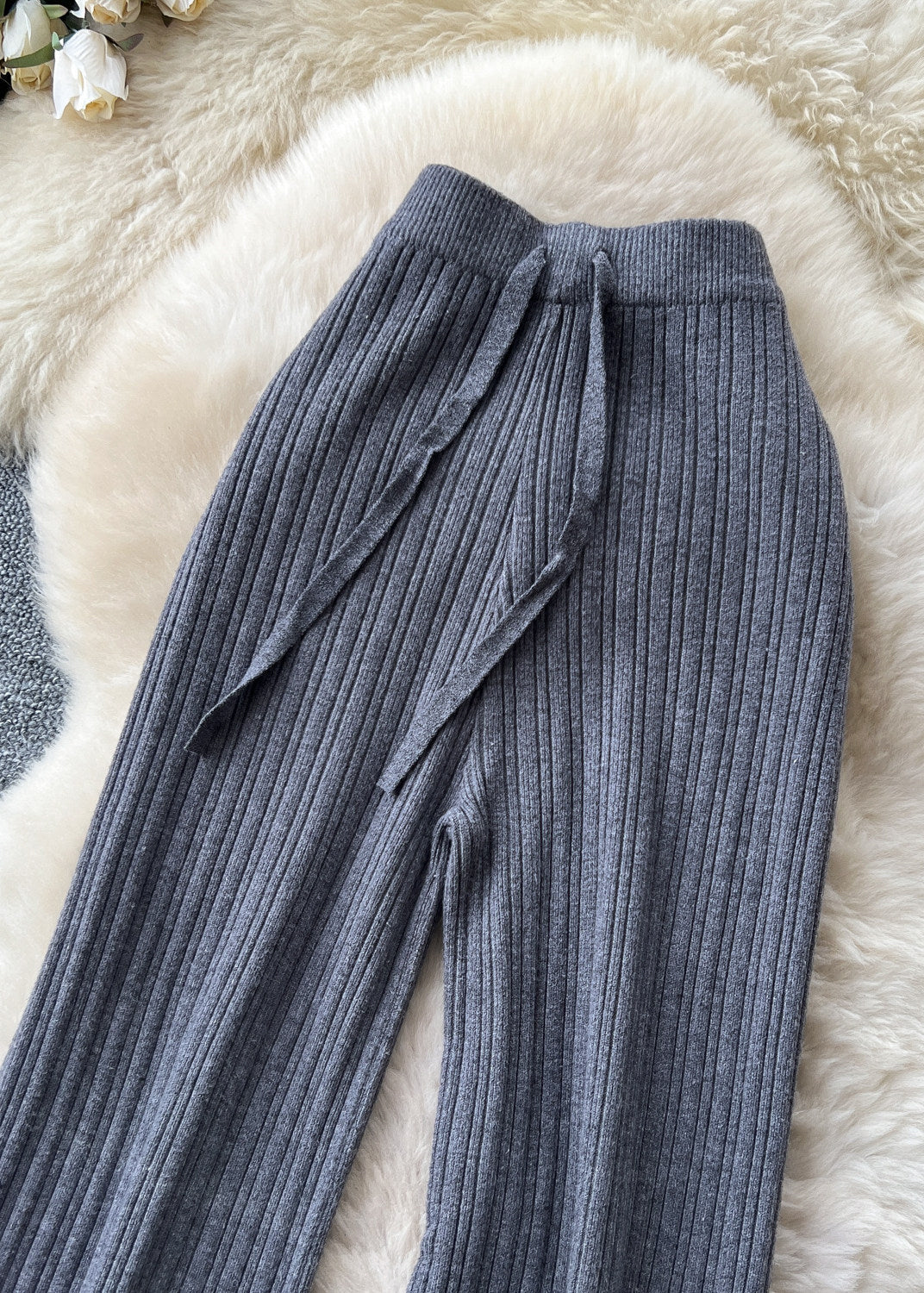Handmade Khaki High Waist Knit Straight Pants Fall