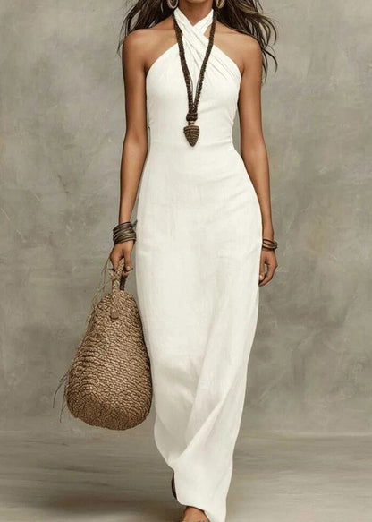 Handmade Khaki Neckline Patchwork Solid Maxi Dresses Summer