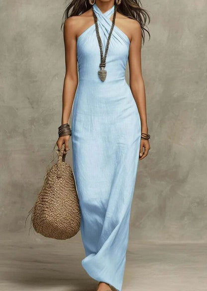 Handmade Khaki Neckline Patchwork Solid Maxi Dresses Summer