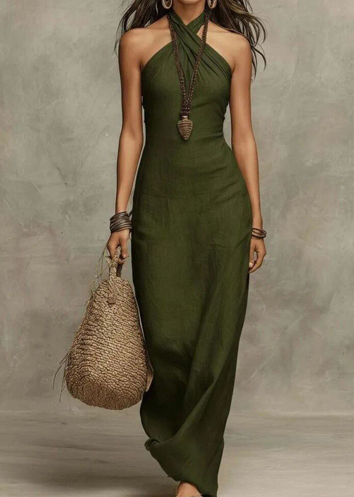 Handmade Khaki Neckline Patchwork Solid Maxi Dresses Summer