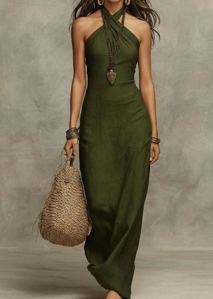 Handmade Khaki Neckline Patchwork Solid Maxi Dresses Summer