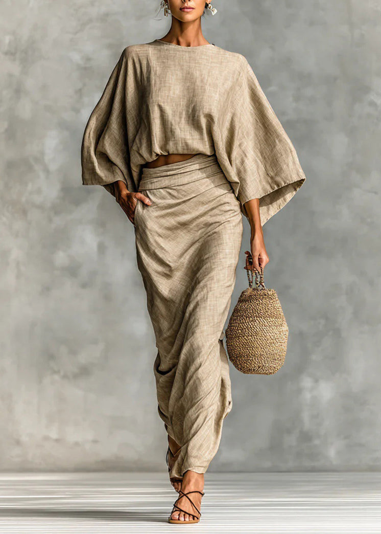 Handmade Khaki Oversized Linen 2 Piece Outfit Batwing Sleeve