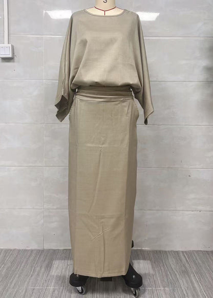 Handmade Khaki Oversized Linen 2 Piece Outfit Batwing Sleeve