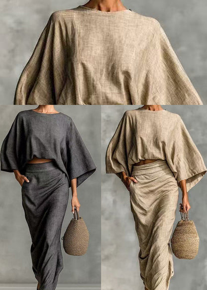 Handmade Khaki Oversized Linen 2 Piece Outfit Batwing Sleeve