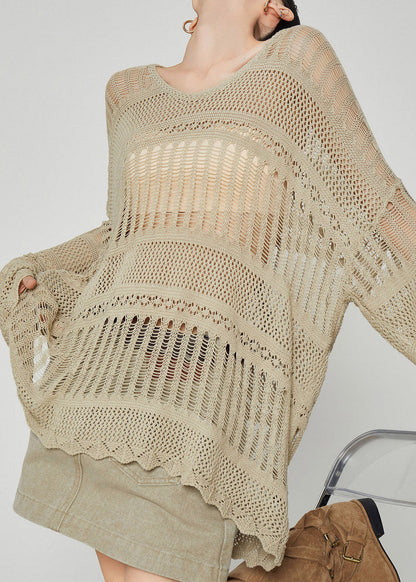 Handmade Khaki Slash Neck Hollow Out Cozy Knit Top Fall