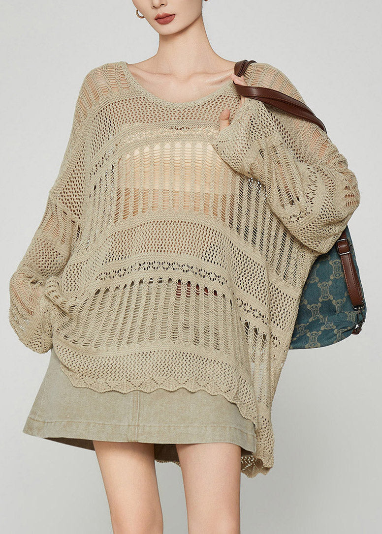 Handmade Khaki Slash Neck Hollow Out Cozy Knit Top Fall