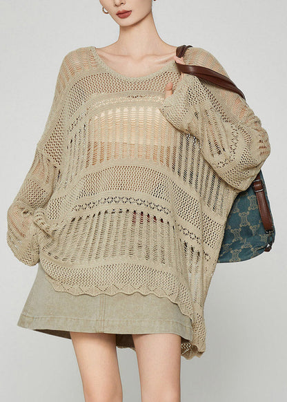 Handmade Khaki Slash Neck Hollow Out Cozy Knit Top Fall