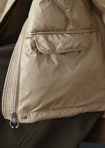 Handmade Khaki Stand Collar Zippered Loose Drawstring Winter Down Jacket