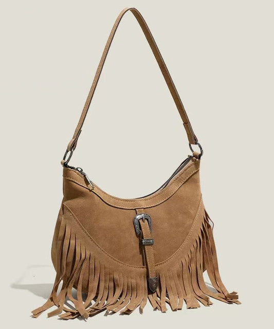 Handmade Khaki Tasseled Solid Durable Fine Suede Messenger Bag