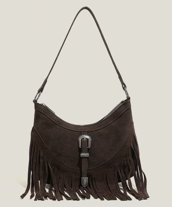 Handmade Khaki Tasseled Solid Durable Fine Suede Messenger Bag