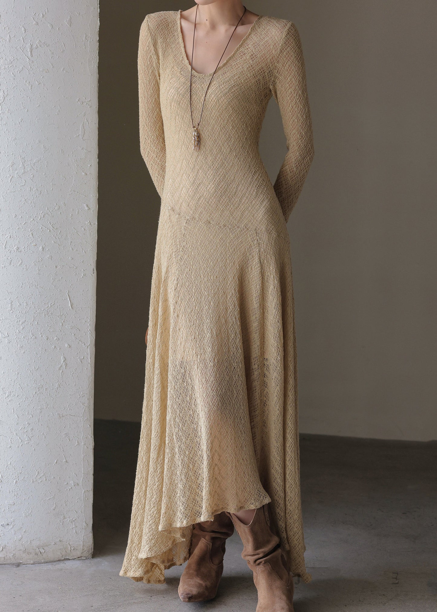 Handmade Khaki U Neck Solid Maxi Dress Spring