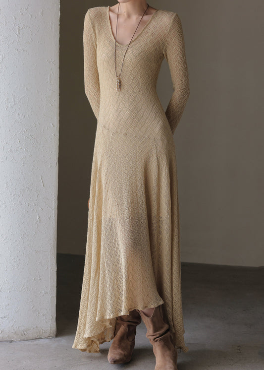 Handmade Khaki U Neck Solid Maxi Dress Spring