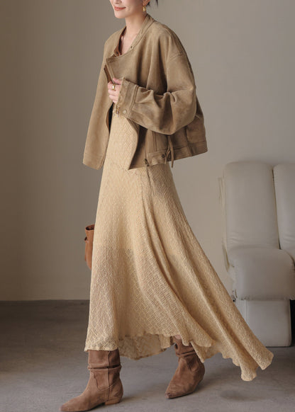 Handmade Khaki U Neck Solid Maxi Dress Spring