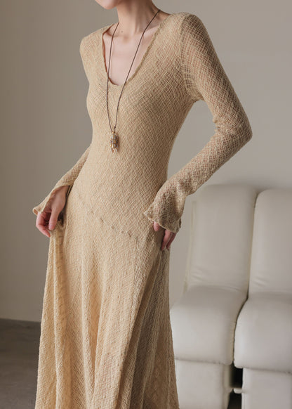 Handmade Khaki U Neck Solid Maxi Dress Spring