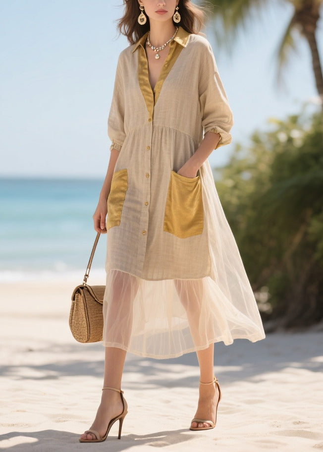 Handmade Khaki V Neck Patchwork Tulle Long Dress Summer