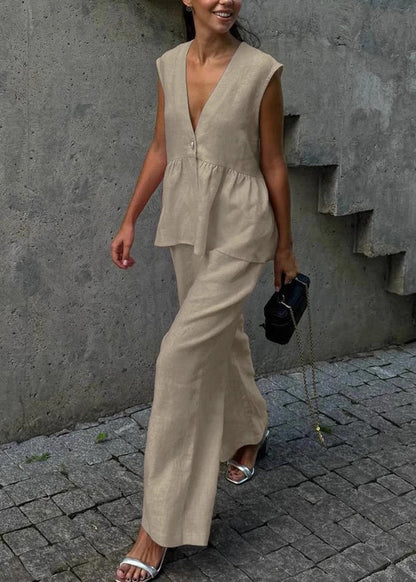 Handmade Khaki V Neck Patchwork Waistcoat And Wide Leg Pants Two-Piece Set Sleeveless