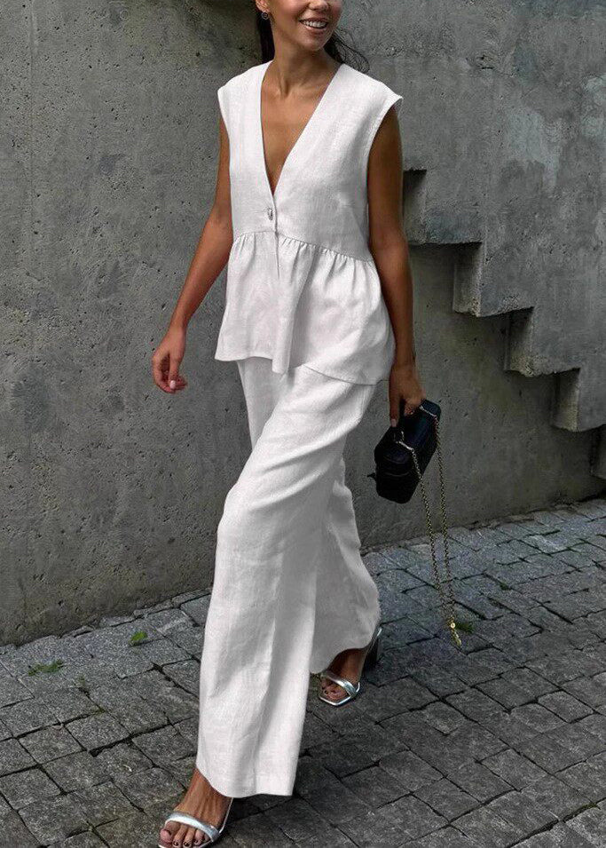 Handmade Khaki V Neck Patchwork Waistcoat And Wide Leg Pants Two-Piece Set Sleeveless