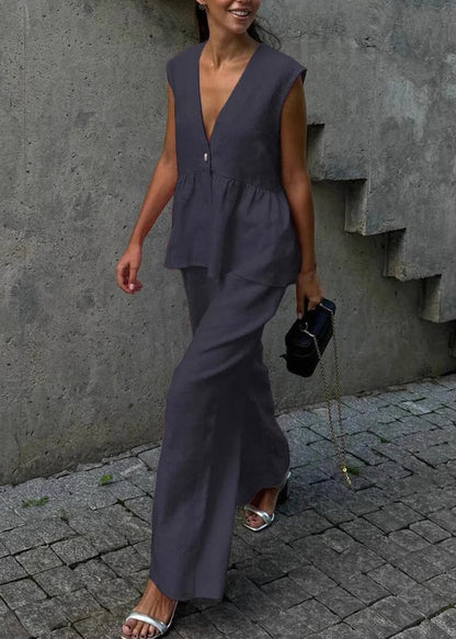 Handmade Khaki V Neck Patchwork Waistcoat And Wide Leg Pants Two-Piece Set Sleeveless