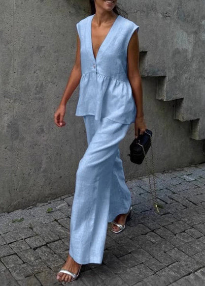 Handmade Khaki V Neck Patchwork Waistcoat And Wide Leg Pants Two-Piece Set Sleeveless