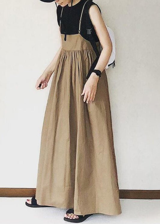 Handmade Khaki Wrinkled Patchwork Long Spaghetti Strap Dress Sleeveless