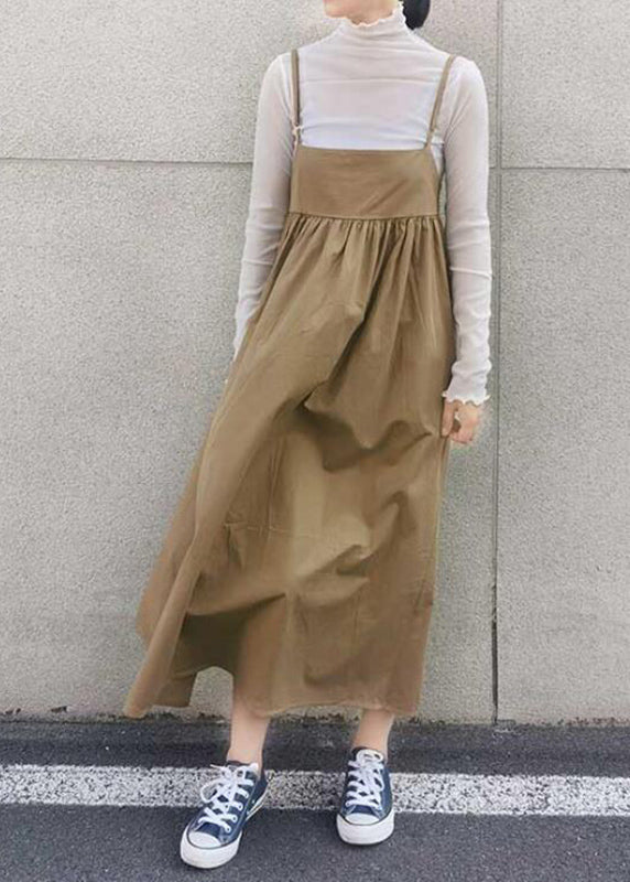 Handmade Khaki Wrinkled Patchwork Long Spaghetti Strap Dress Sleeveless