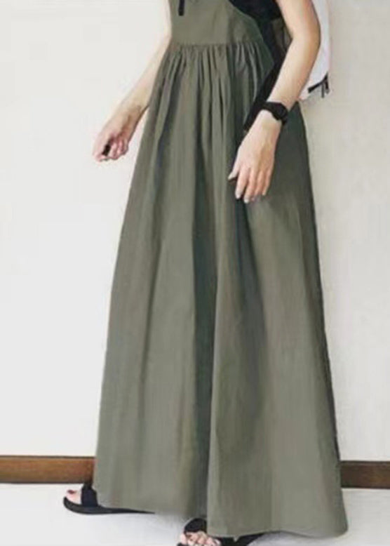 Handmade Khaki Wrinkled Patchwork Long Spaghetti Strap Dress Sleeveless