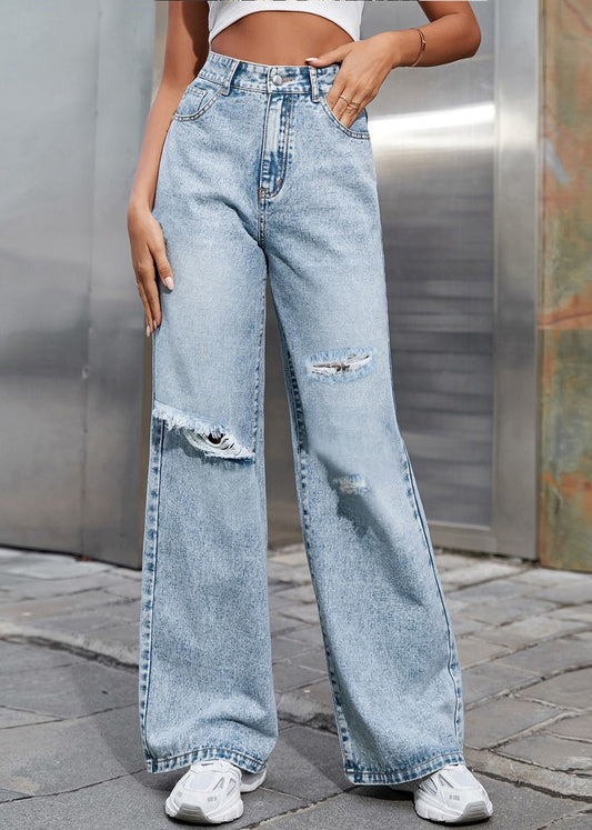 Handmade Light Blue High Waist Straight Denim Pants