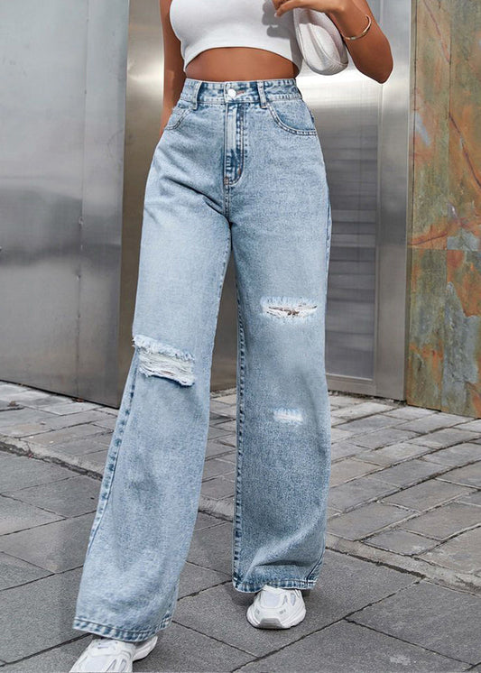 Handmade Light Blue High Waist Straight Denim Pants
