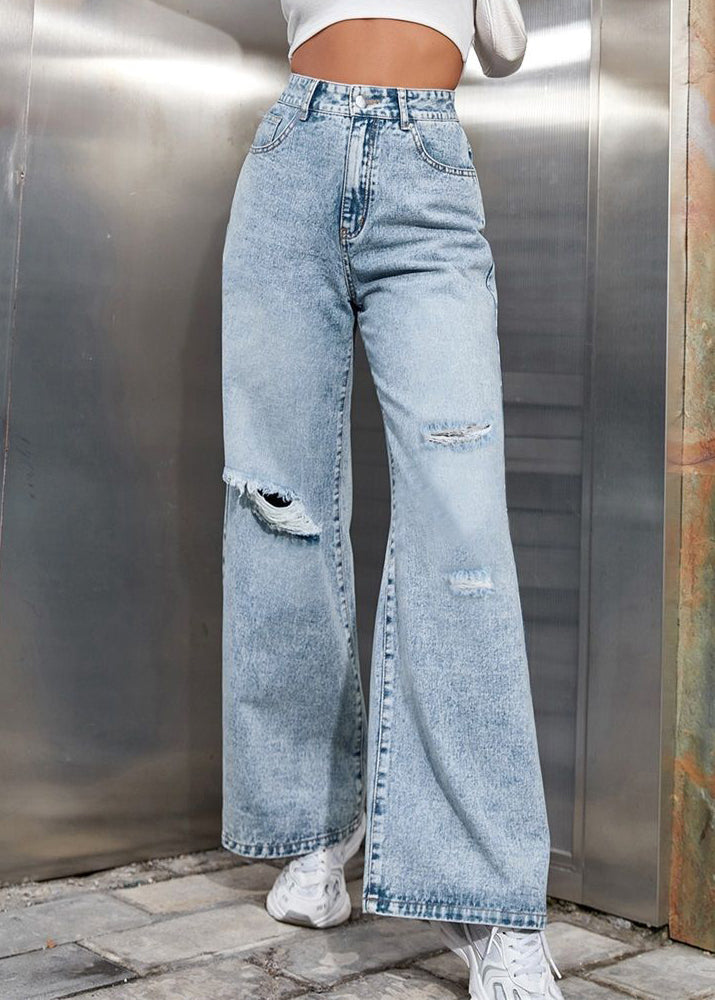 Handmade Light Blue High Waist Straight Denim Pants