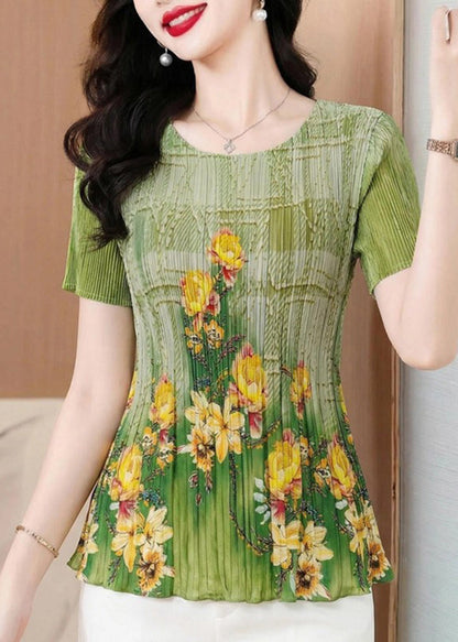 Handmade Light Green O-Neck Print T Shirt Summer