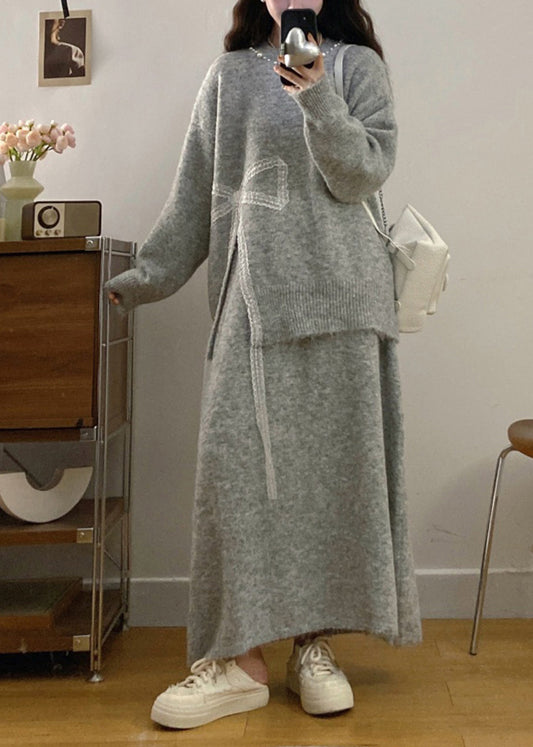 Handmade Light Grey Bow Side Open Knit Two Piece Set Women Clothing Winter