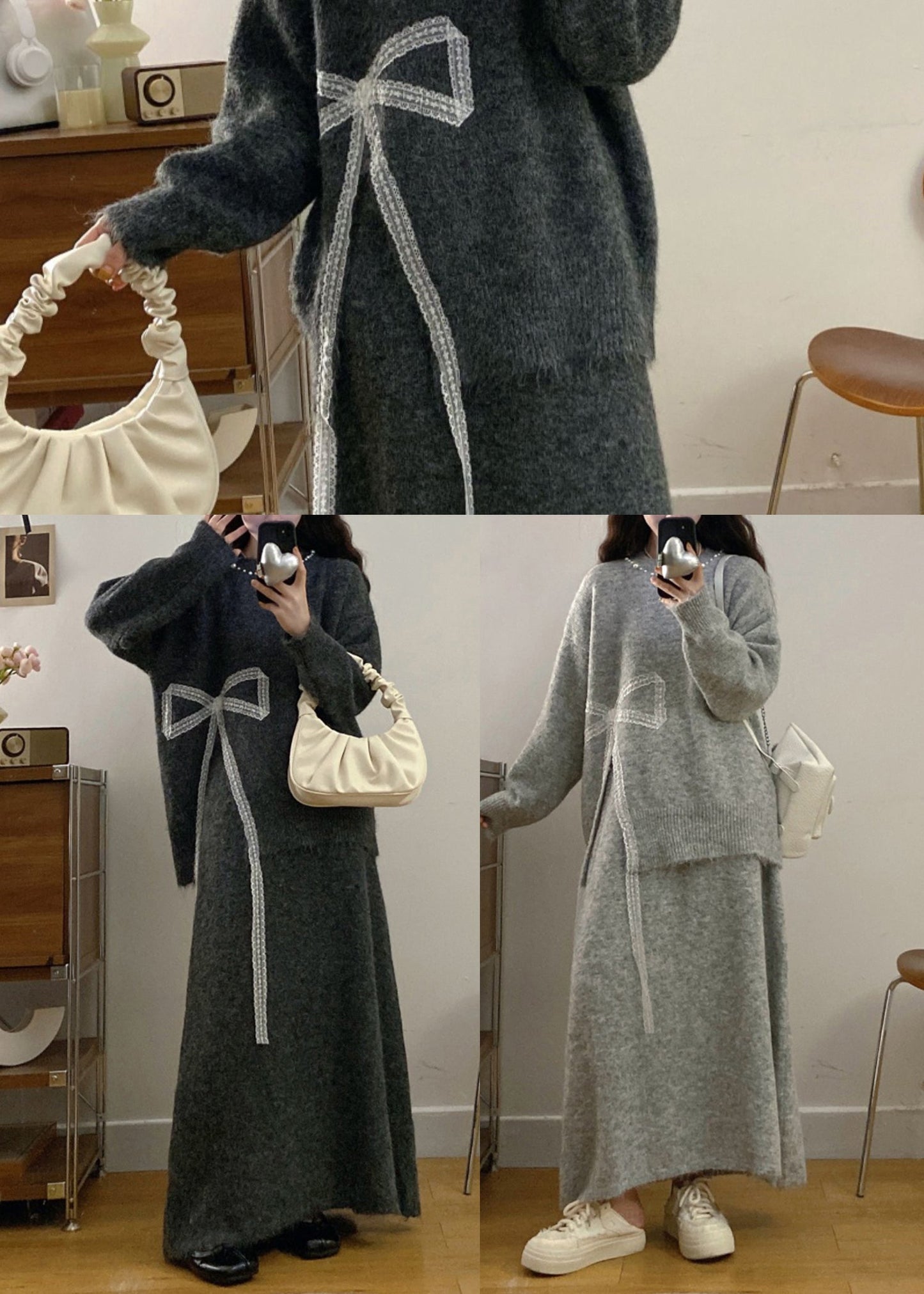 Handmade Light Grey Bow Side Open Knit Two Piece Set Women Clothing Winter