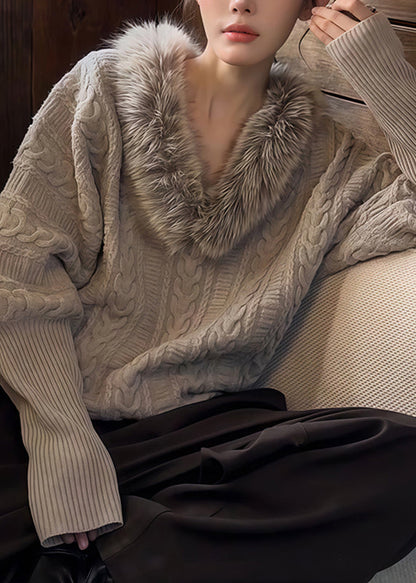 Handmade Light Grey Fur Collar Grey Cotton Knit Sweaters Batwing Sleeve
