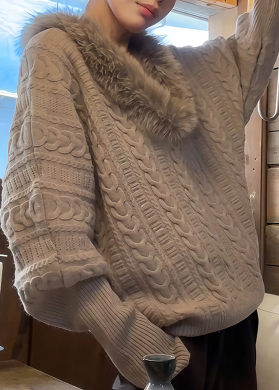 Handmade Light Grey Fur Collar Grey Cotton Knit Sweaters Batwing Sleeve