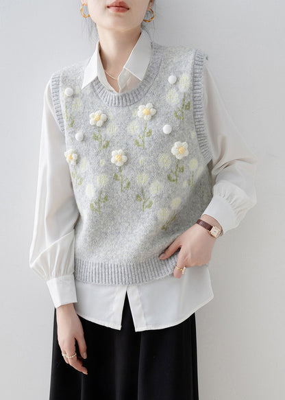 Handmade Light Grey O Neck Floral Knit Vest Sleeveless