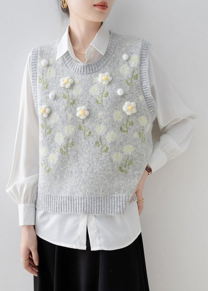 Handmade Light Grey O Neck Floral Knit Vest Sleeveless