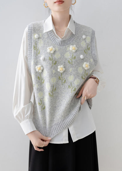 Handmade Light Grey O Neck Floral Knit Vest Sleeveless